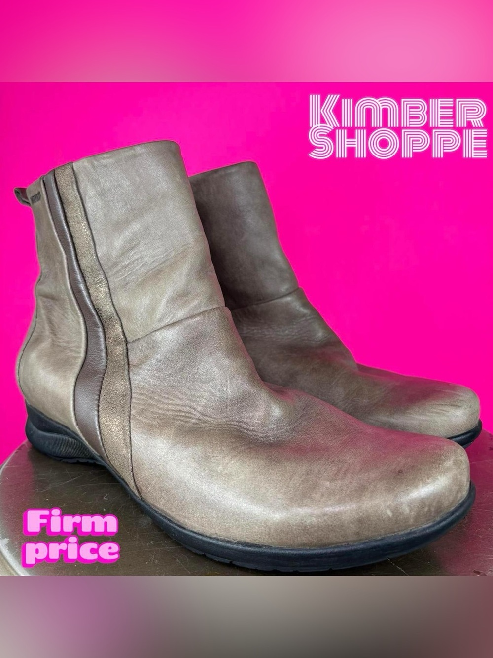 Mephisto Janine Taupe Leather Gold Bronze Accent Ankle Boot US 8 UK 5.5